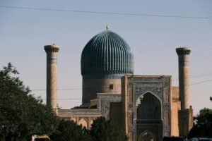 Beautiful capture of Gur-e-Amir Mausoleum's intricate architecture in Samarkand, Uzbekistan.